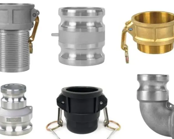 Różne typy złączek camlock: aluminiowe, mosiężne i czarne, w tym kolanko.