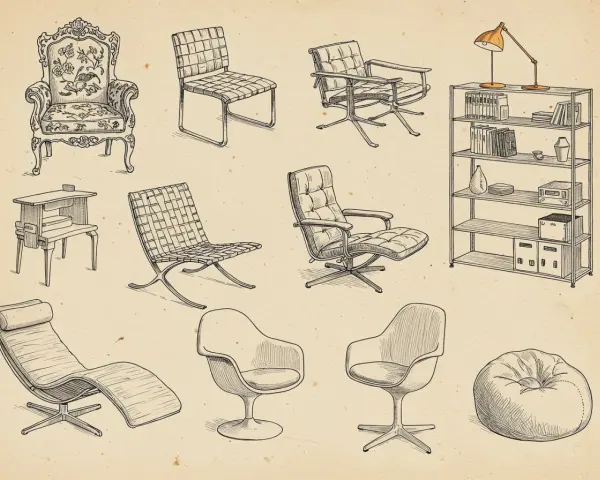 Kolekcja mebli, w tym fotele i leżanka, prezentuje ikony designu. Obok nich stolik, regał z lampką i puf.