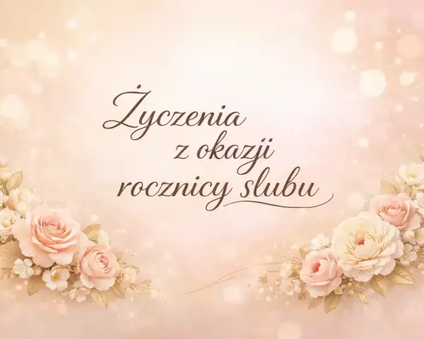 Eleganckie życzenia na 1 rocznicę ślubu, ozdobione pastelowymi różami i delikatnymi światłami.