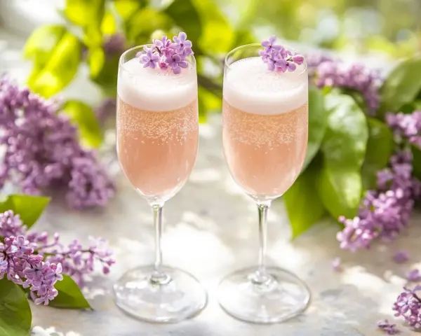 Two champagne flutes filled with pink bubbly drinks, garnished with purple lilac flowers.