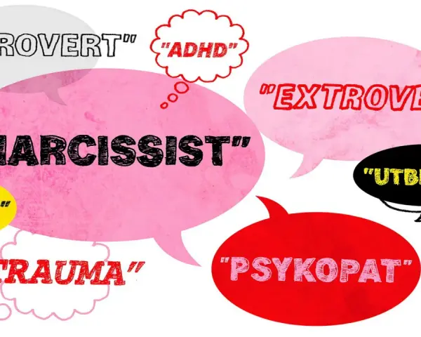 Tankar om "narcissist" och andra diagnoser i pratbubblor.