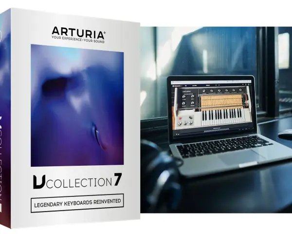 Pudełko z Arturia V Collection 7 obok laptopa z interfejsem syntezatora.