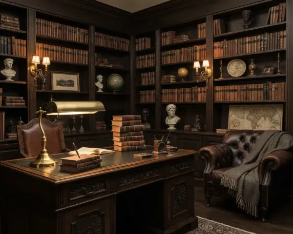 Mroczna biblioteka w stylu "dark academia" z mahoniowym biurkiem, skórzanym fotelem i regałami pełnymi książek. Idealna zastawa stołowa powinna być stonowana, z ciemnych materiałów, np. ceramiki lub metalu, nawiązując do klasyki i elegancji.