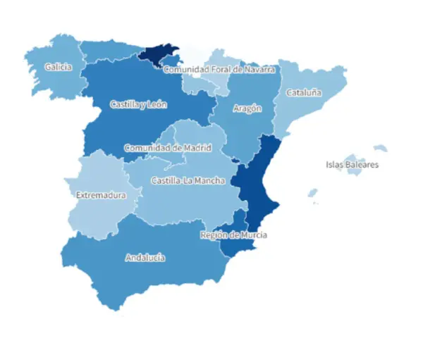 Mapa de España con tonos de azul que indican el consumo medio de agua por persona en cada comunidad autónoma.