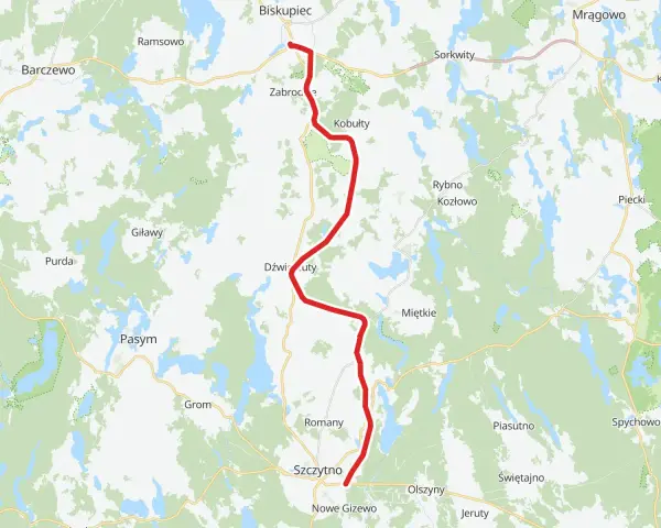 Mapa z zaznaczoną trasą rowerową przez Mazury, wiodącą przez Biskupiec, Szczytno i okolice.