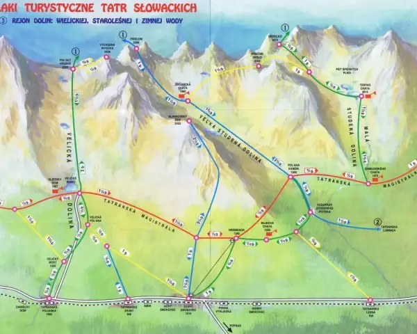 Mapa szlaków turystycznych Tatr Słowackich. Widok na Tatry od strony słowackiej z zaznaczonymi dolinami i szlakami.