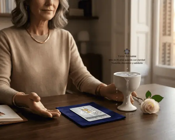 Mujer con tarot, copa de agua y rosa. Posibles combinaciones de la reina de oros para una lectura clara.