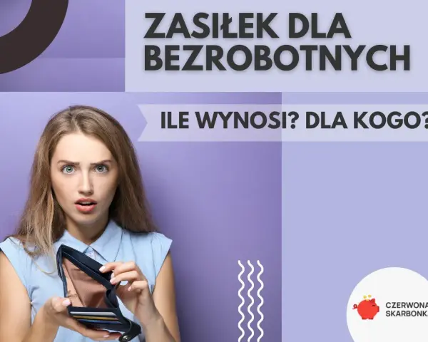 Zaskoczona kobieta pokazuje pusty portfel, zastanawiając się, ile wynosi zasiłek dla bezrobotnych.