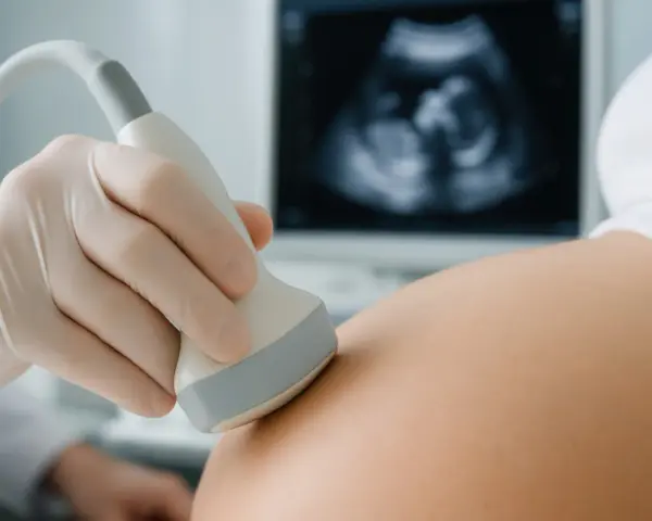 Ręka w rękawiczce medycznej wykonuje usg prenatalne. Na ekranie widoczny obraz płodu.