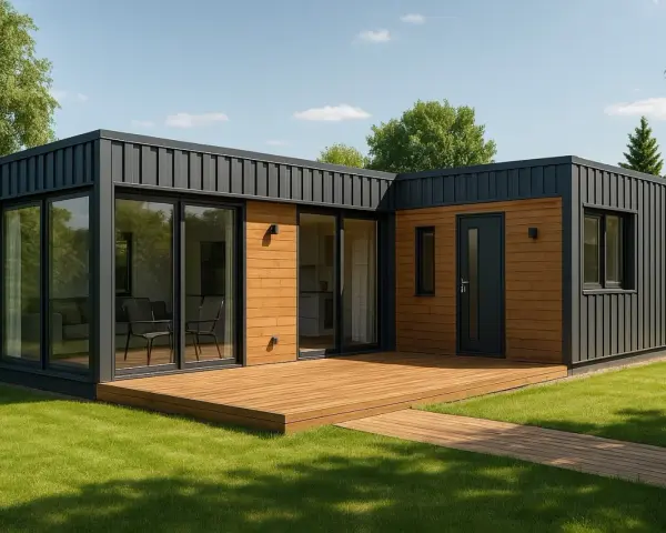 Nowoczesny dom z kontenerów 100m2. Cena przystępna, idealny na działkę. Drewniany taras i duże okna.