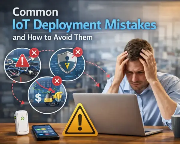 A stressed man is designing for IoT, facing common deployment mistakes like tangled wires, security breaches, and financial losses.