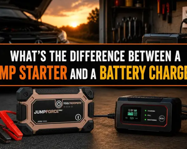 A jump starter and a battery charger are shown side-by-side, illustrating the difference between jump starting a car and trickle charging a battery.