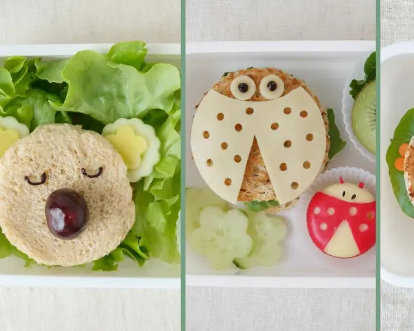 Kreative Bento-Boxen mit lustigen Tier-Sandwiches, perfekt für Kinder. Ein Bär, Marienkäfer und mehr machen gesunde Wraps kinderfreundlich.