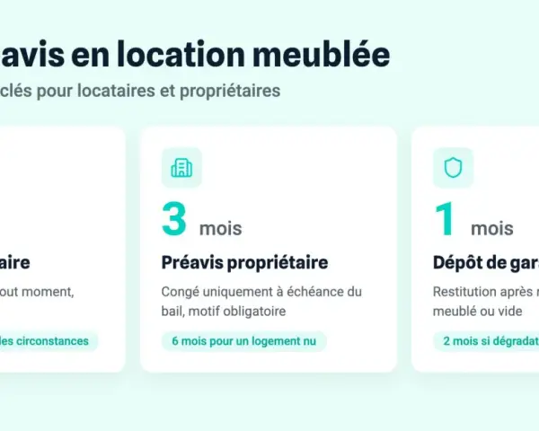 Préavis location meublée : 1 mois locataire, 3 mois propriétaire. La loi du 6 juillet 1989 encadre ces délais. Dépôt de garantie : 1 mois.
