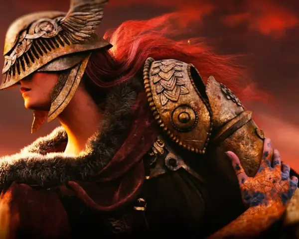 Guerrera con armadura dorada y cabello rojo, lista para la batalla en Elden Ring PS4.
