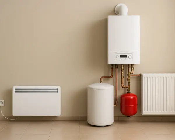 Nowoczesny system ogrzewania elektrycznego: kocioł, zasobnik, grzejnik i panel.