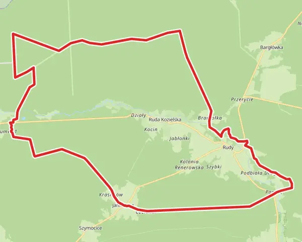 Mapa z zaznaczonymi trasami rowerowymi Śląsk. Czerwona linia wyznacza pętlę przez Działy, Rudy, Krasów i inne miejscowości.