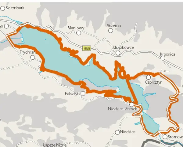 Mapa szlaku rowerowego Velo Dunajec w okolicach Czorsztyna, z zaznaczoną trasą wokół jeziora i widocznymi miejscowościami.