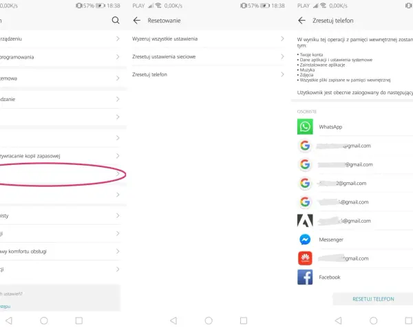 Szukasz sposobu, jak usunąć konto na Gmail? Na ekranie widać opcję "Resetowanie" w ustawieniach telefonu, która może pomóc w usunięciu kont.