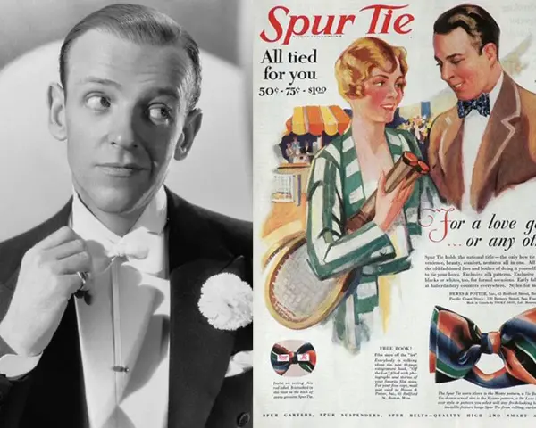 Fred Astaire con papillon, e pubblicità "Spur Tie" che mostra come mettere il papillon con stile.