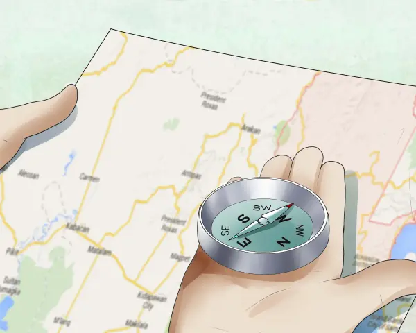 Mani che tengono una mappa e una bussola, per capire cos'è l'orienteering e come orientarsi.