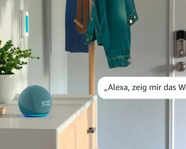 Alexa Routine erstellen: Ein blauer Echo Dot mit leuchtender Uhrzeit und eine Pflanze stehen auf einer Kommode. Eine Jacke hängt an einem Kleiderständer.