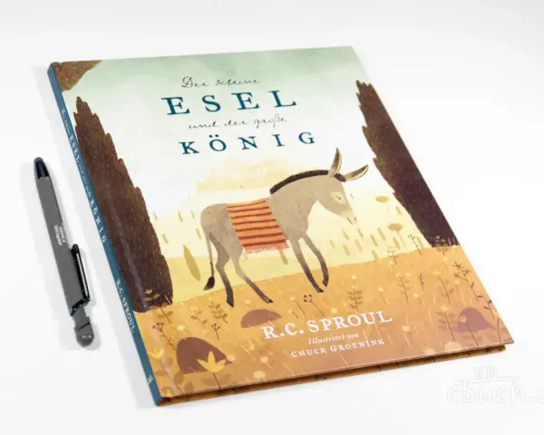 Der kleine Esel und der große König, inspiriert von Sacharja 9,9. Ein Buchcover mit einem Esel, der eine Decke trägt, und zwei Bäumen.