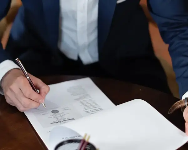 Mężczyzna w garniturze podpisuje dokument, składając oświadczenie woli.