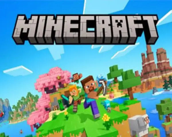 Steve y Alex exploran un mundo vibrante de Minecraft en PS5, con árboles rosados, montañas y ovejas.
