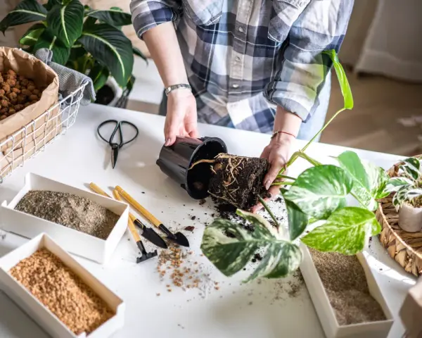 Mani che trapiantano una pianta, con vasi di terriccio, argilla espansa per un **terreno drenante** e attrezzi da giardinaggio.
