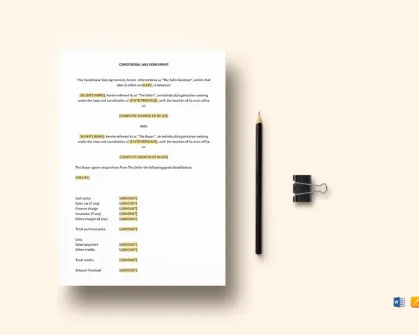 Dokument "Conditional Sale Agreement" z ołówkiem i spinaczem biurowym.