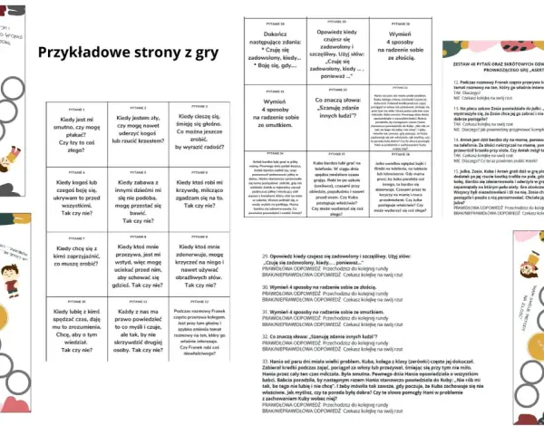 Gra planszowa "Przykładowe strony z gry" uczy stawianie granic dziecku. Przykłady pytań pomagają zrozumieć, jak reagować w trudnych sytuacjach.