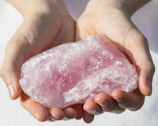 Manos sostienen una gran piedra de cuarzo rosa, una piedra para la salud y el bienestar, con su translúcida belleza.