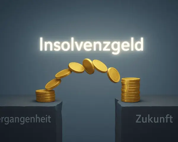 Goldmünzen bilden eine Brücke zwischen "Vergangenheit" und "Zukunft". Die Frage "wie lange dauert es bis das Arbeitsamt Insolvenzgeld zahlt" wird visuell thematisiert.