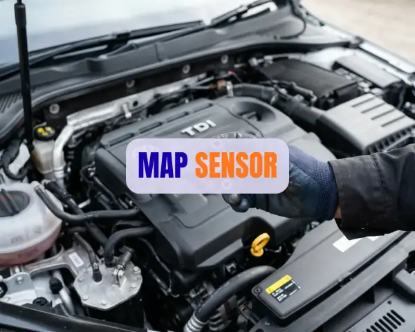 Mechanik sprawdza silnik, na którym widnieje napis "MAP SENSOR". Poznaj objawy uszkodzenia tego elementu.