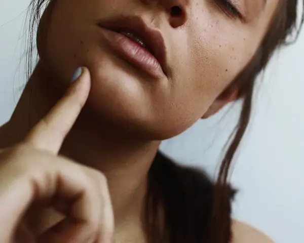 A woman's face, with a finger gently touching her cheek, suggesting a moment of self-care and a relaxing facial massage at home.