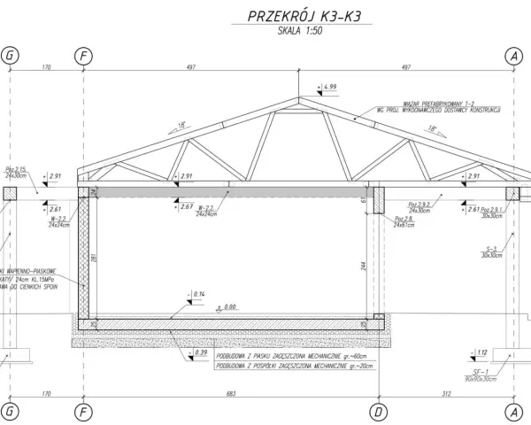 Przekrój K3-K3: wiązar prefabrykowany, bloczki wapienno-piaskowe, podbudowa z piasku. Detale z projektu budowlanego i wykonawczego.