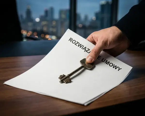 Dłoń kładzie klucz na dokumencie "Rozwiązanie umowy". Konsekwencje porzucenia pracy mogą być dalekosiężne.