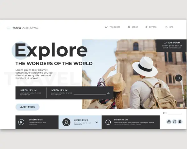 Strona główna podróży z hasłem "Explore The Wonders of the World". Ten **layout co to** zachęca do odkrywania świata.