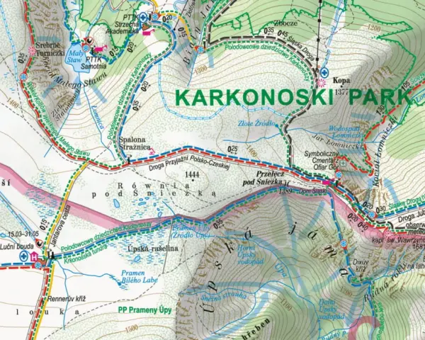 Mapa Karkonoszy, części Sudetów, z zaznaczonymi szlakami, schroniskami i szczytami, w tym Śnieżką.