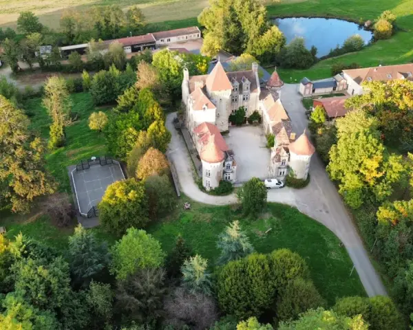 Vue aérienne d'un château entouré d'arbres, avec un étang et un terrain de sport.
