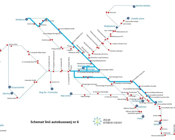 Schemat linii autobusowej nr 6 Żeglugi Ostródzko-Elbląskiej. Mapa pokazuje trasy i przystanki, m.in. w Ostródzie, Elblągu i okolicach.