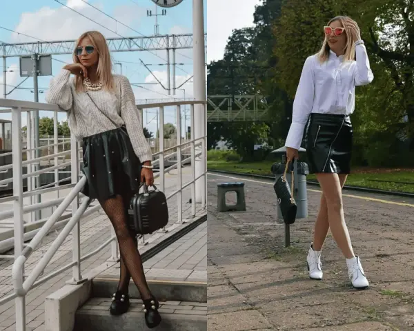 Dwie stylizacje pokazują, co ubrać do skórzanej spódnicy: sweter i botki lub białą koszulę i botki.
