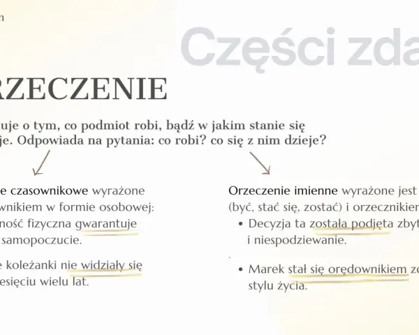 Rodzaje orzeczeń: czasownikowe (np. "gwarantuje") i imienne (np. "stał się").
