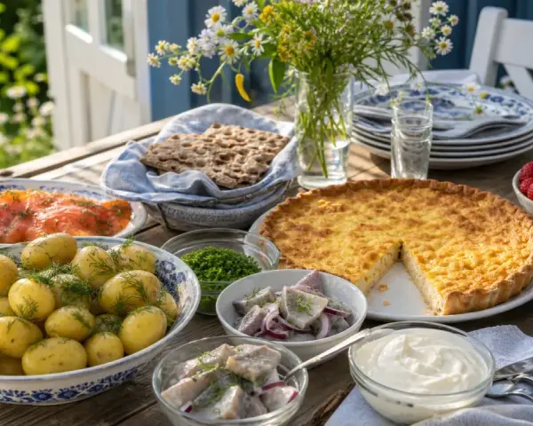 En härlig midsommar afton-buffé med sill, lax, färskpotatis, paj och jordgubbar dukas upp utomhus.