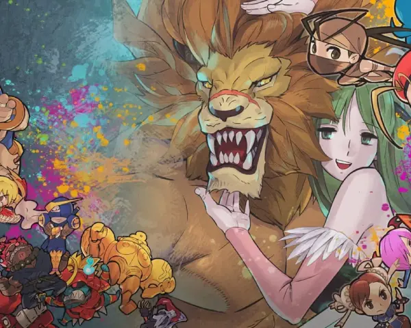 Personajes de fighting legends ps4, incluyendo un león gigante, una chica de pelo verde y guerreros chibi, con salpicaduras de pintura.