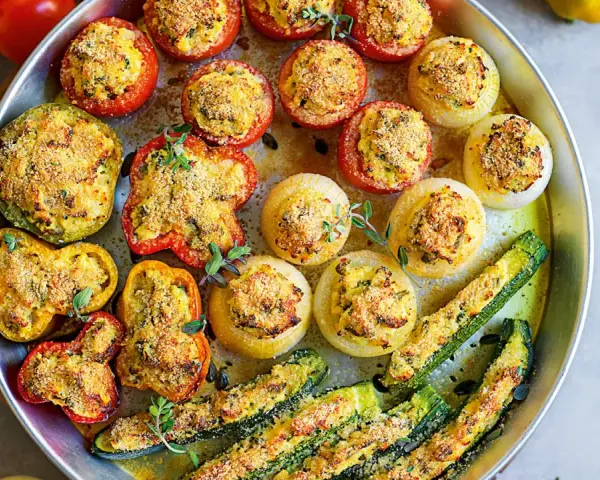 Vassoio di verdure ripiene al forno: pomodori, peperoni, cipolle e zucchine, dorate e profumate.