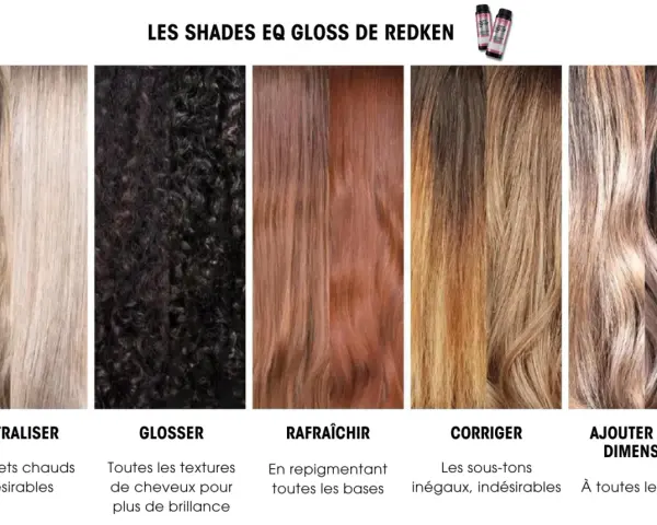 Comparaison de la colorimétrie cheveux : neutraliser, glosser, rafraîchir, corriger et ajouter de la dimension avec Redken Shades EQ Gloss.