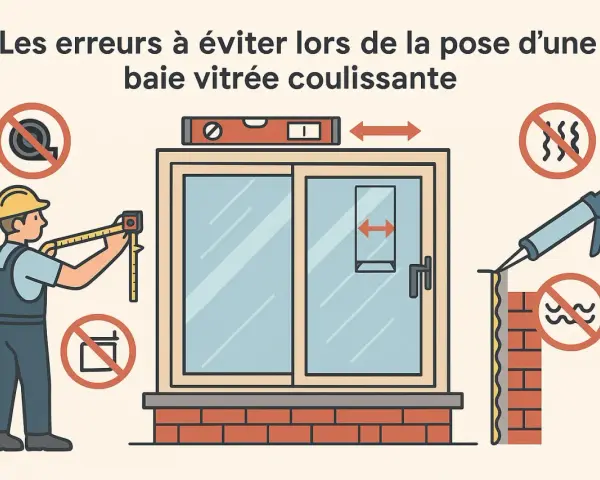 Un ouvrier mesure une baie vitrée coulissante. L'image illustre les erreurs à éviter lors de la pose, notamment en maçonnerie.