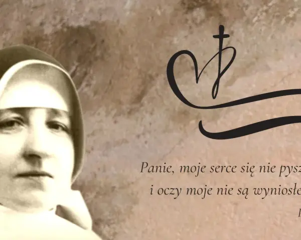 Siostra zakonna, symbol serca z krzyżem i cytat z Psalmu 131. Jej powołanie to pokora i służba.